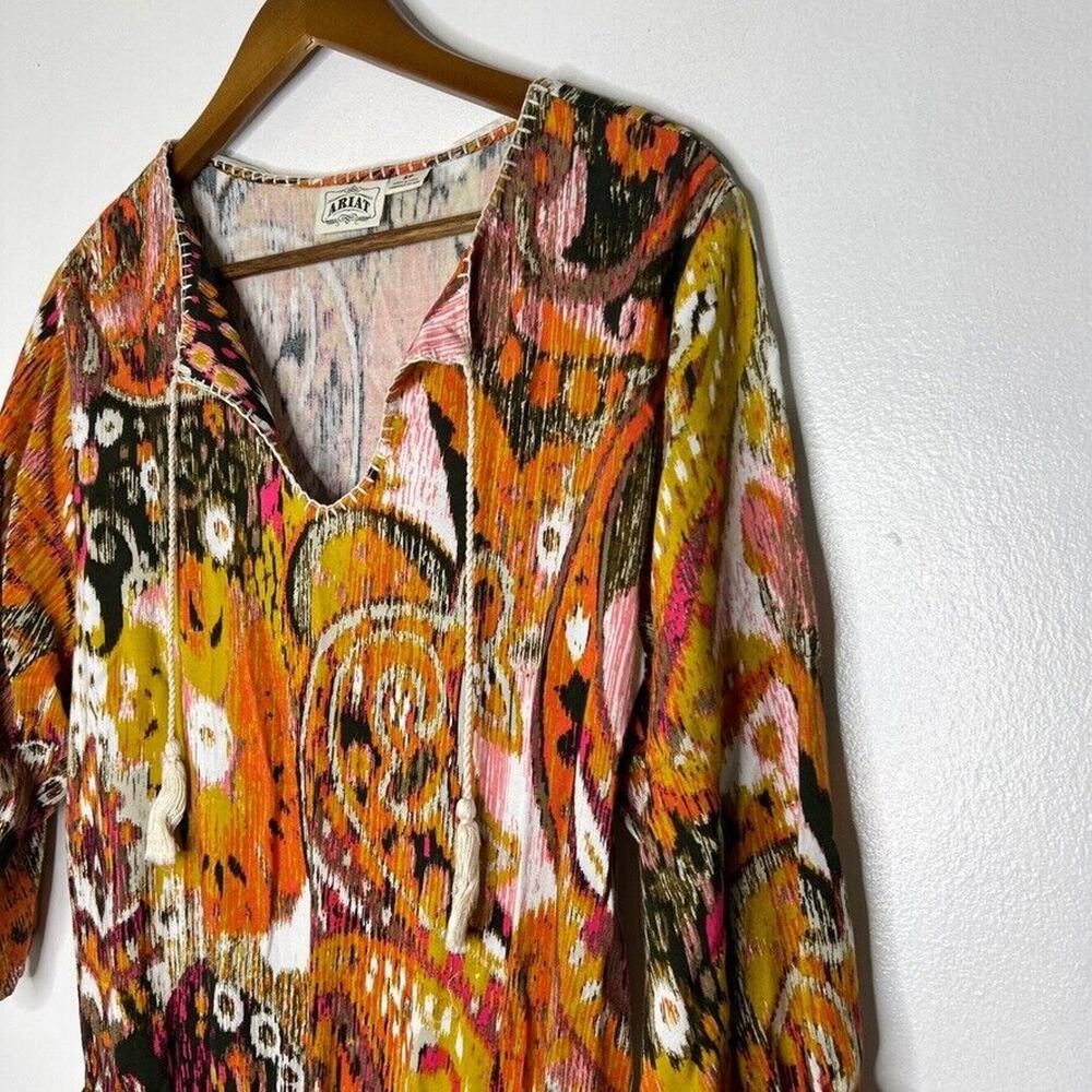 Ariat Bohemian Western Cowgirl Pattern Tie V-Neck 3/4 Sleeve Dress S Women